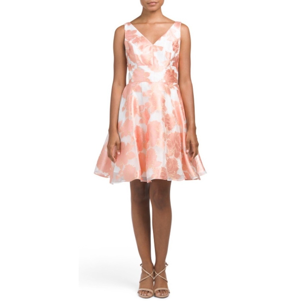 Floral V-Neck Fit & Flare Wedding Dress in Peach
